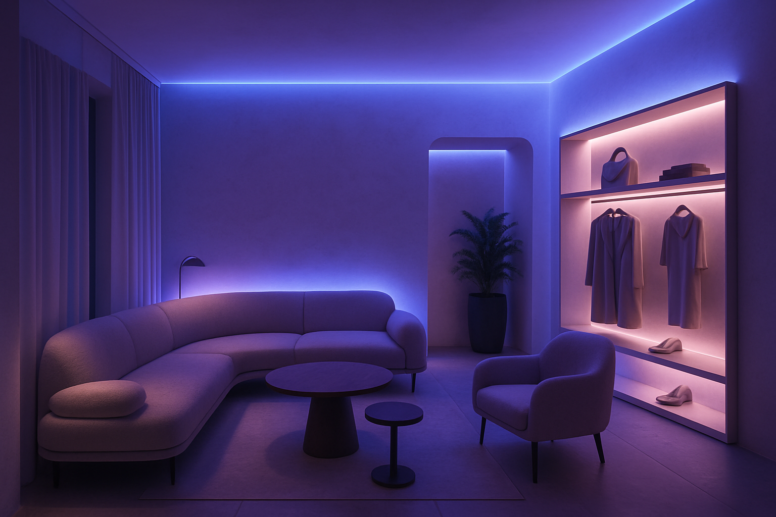 Ambiance tamisée moderne avec lumières LED colorées (bleu et violet doux). Décor élégant, atmosphère cosy mais tendance, style lounge chic. Éclairage indirect qui donne envie de rester et découvrir la boutique.
